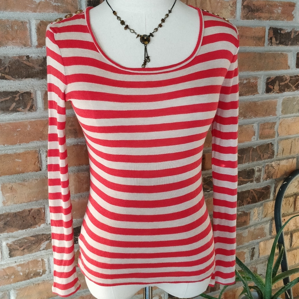 Ann Taylor Pumpkin Striped Scoop Neck Shirt XS Long Sleeve B3